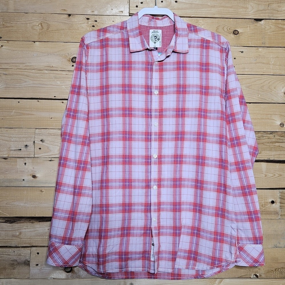 Diesel Men's Shirt Size L Pink Check Long Sleeve 100% Cotton Button Up